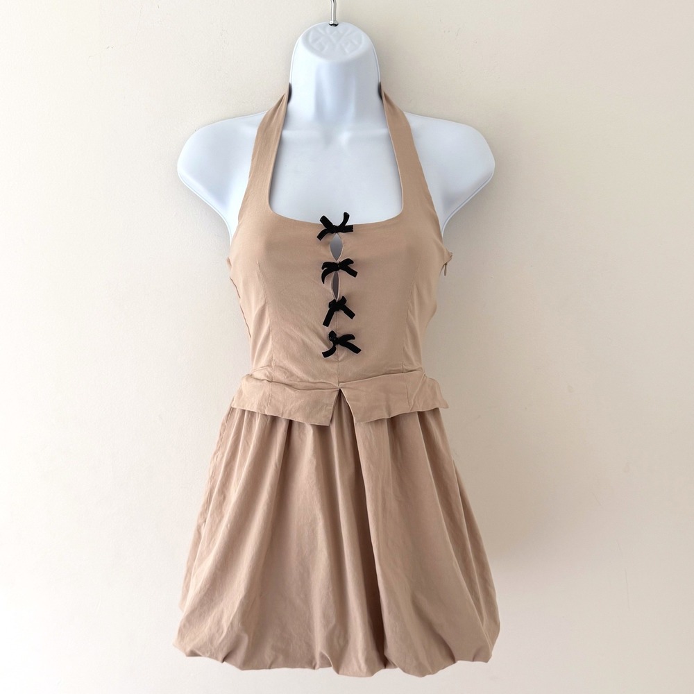 Haute Monde Halter Bubble Mini Dress Women Small Tan Y2K Coquette‎ Bows Romantic